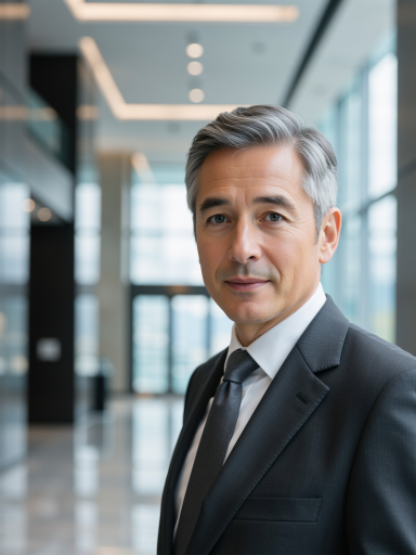 Professional male portrait of middle-aged man with business attire, white shirt, dark suit jacket, standing in modern office environment, bright natural lighting, formal pose